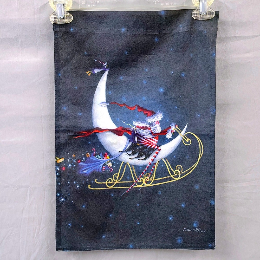 Paper dArt Christmas Garden Flag Santa on Crescent Moon Sleigh Black 12x18